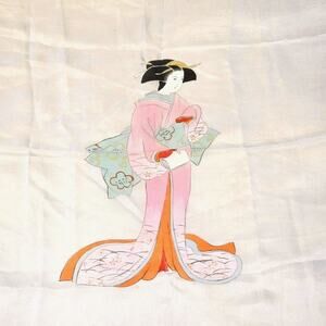 Vtg 1940s Silk Scarf Foulard Hand Painted Geisha Original Tag Daimaru Tokyo